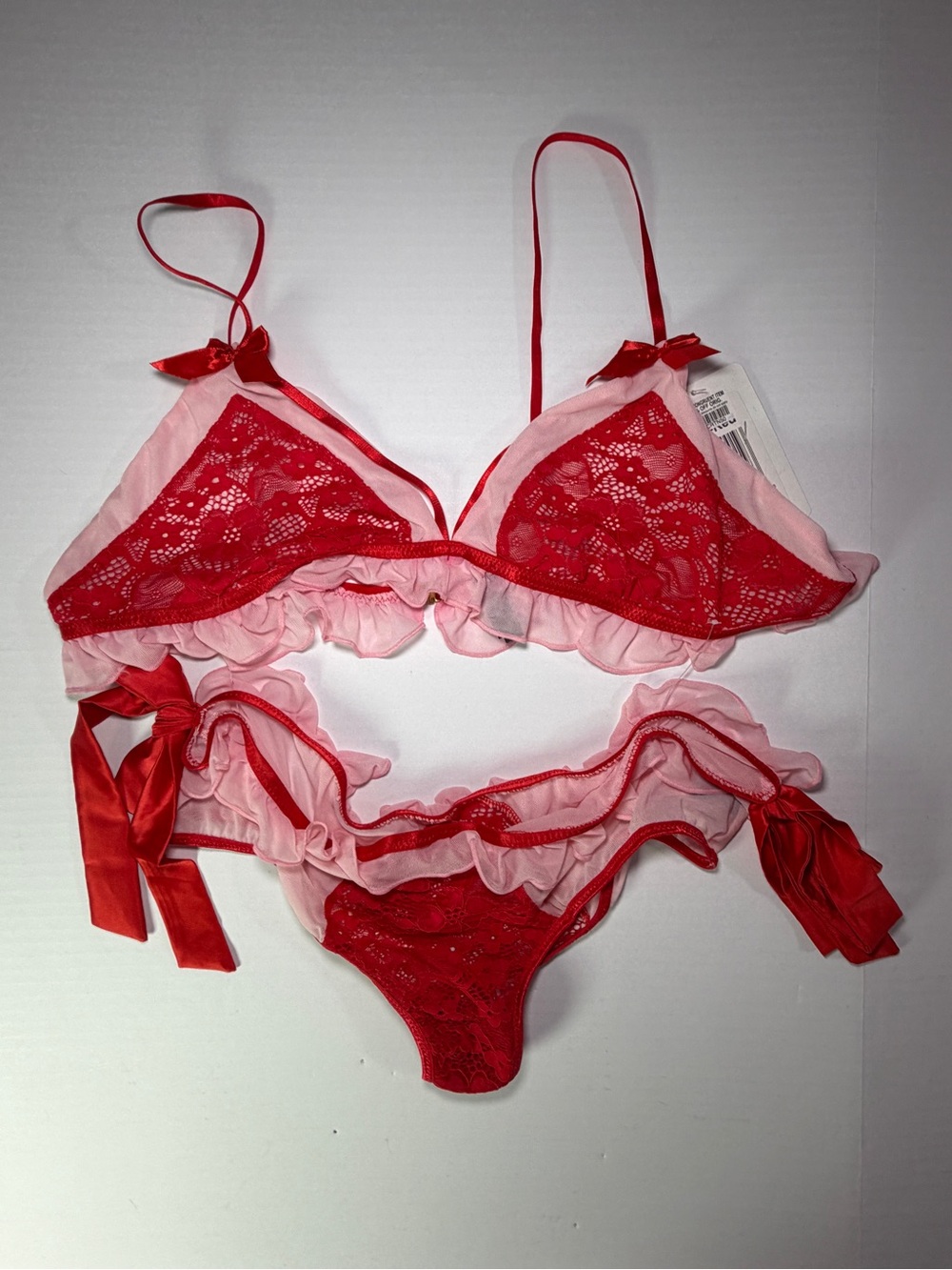 Red & Pink Lace Ruffle Bralette and Tie-Side Panty Set